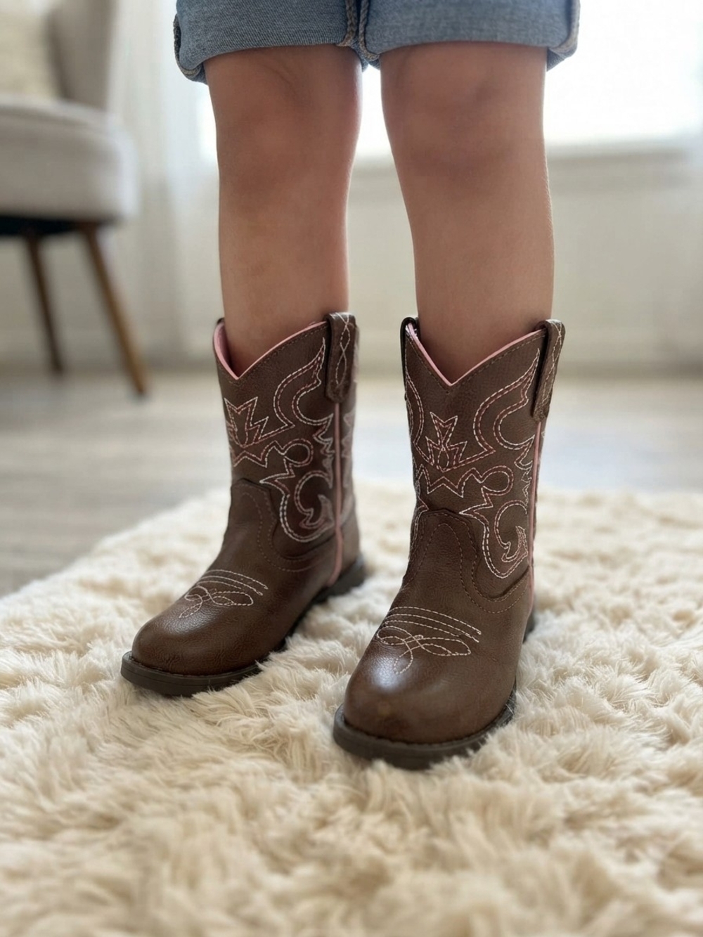 wonder nation Brown Girls' Cowboy Boots with Pink Trim Very Good